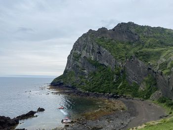 Scenic view of sea and rock formation against sky