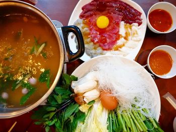 High angle view of food in bowl on table