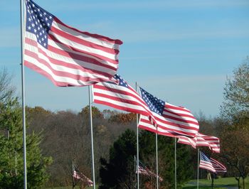 Low angle view of flag flags against sky