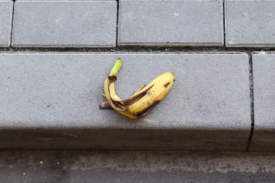 Yellow banana peel on a paved road