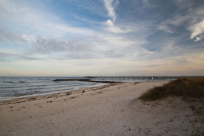 Scenic view of beach against sky during sunset