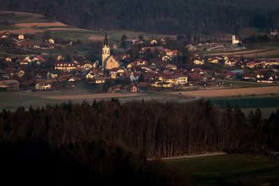 Aerial view of town during sunset