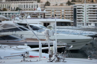 Close-up of speedboat at harbor