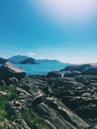 Scenic view of sea against clear blue sky