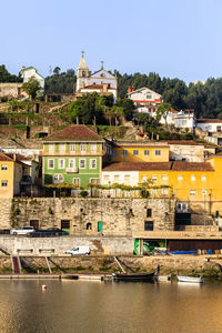 Buildings by river against clear sky