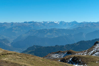 Scenic view of snowcapped mountains against clear blue sky