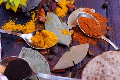 High angle view of spices on table