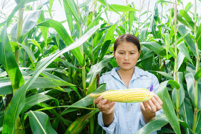 Young woman holding corn on field