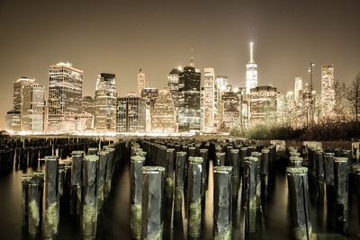 View of city lit up at night