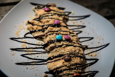 High angle view of dessert in plate on table