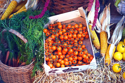 High angle view of fruits for sale at market stall