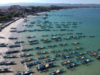 High angle view of boats moored in sea