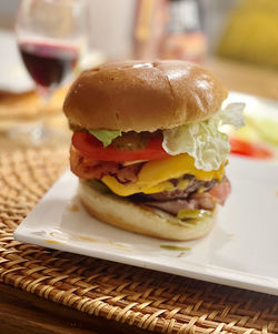 Close-up of burger in plate on table