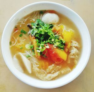 High angle view of soup in bowl on table