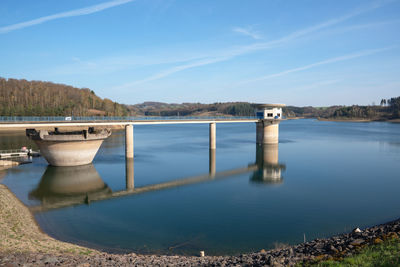 Panoramic image of dhunn water reservoir during winter, bergisches land, germany