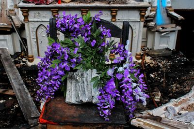 Purple flowers on built structure