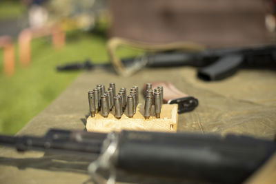 Close-up of machine on table