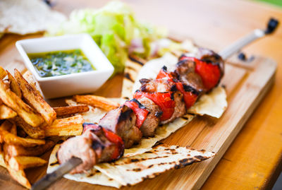 Close-up of served food in tray