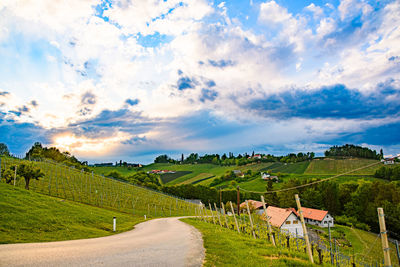 Road amidst field against sky