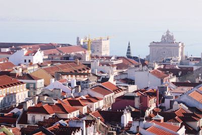 High angle view of cityscape against clear blue sky