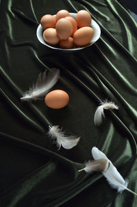 High angle view of brown eggs and feathers on fabric