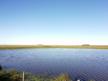 Scenic view of lake against clear blue sky