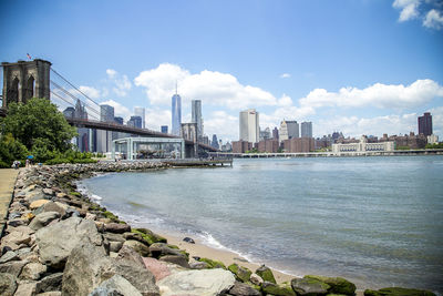 View of cityscape against blue sky