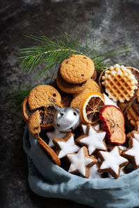 High angle view of cookies on table