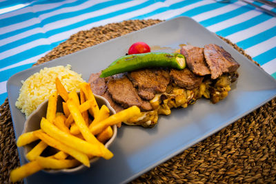 Close-up of food served on table