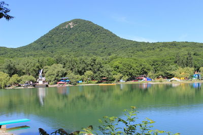 Scenic view of lake by trees against sky