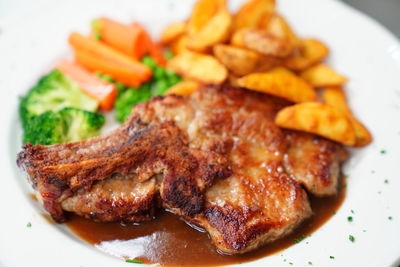 High angle view of food served in plate