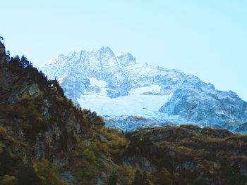 Scenic view of snowcapped mountains against clear sky