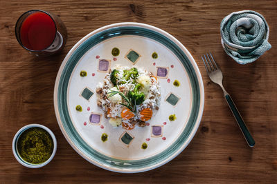 Directly above shot of soup served on table