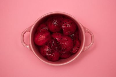 High angle view of strawberries in bowl