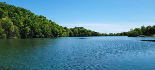 Scenic view of lake against blue sky