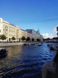 Boats in river with buildings in background