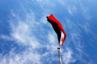 Low angle view of pole against cloudy sky