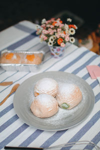 High angle view of dessert in plate on table