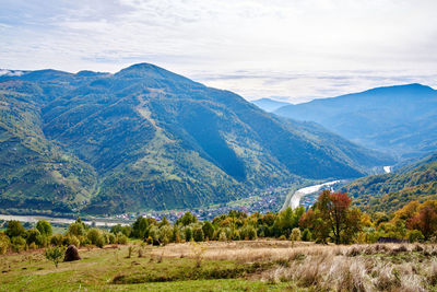 High angle view of valley against mountain range