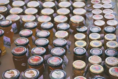 High angle view of preserves in jar for sale at market