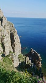 High angle view of cliff by sea against sky