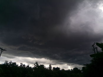 Low angle view of trees against cloudy sky