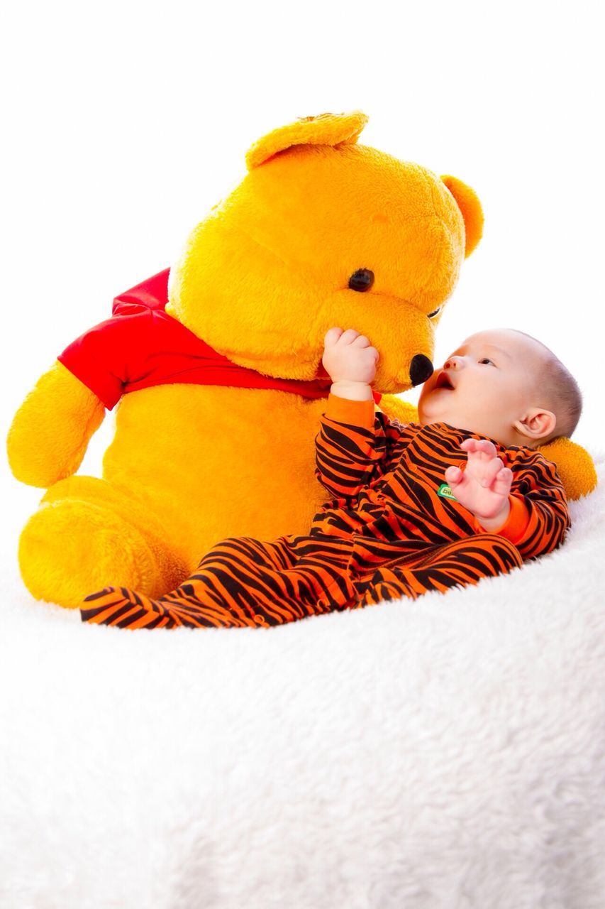 toy, animal representation, childhood, creativity, art and craft, art, indoors, stuffed toy, studio shot, multi colored, still life, yellow, white background, copy space, human representation, high angle view, love, full length, variation, close-up