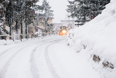 Snow covered road by trees in city