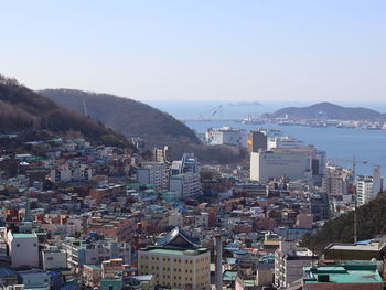 High angle view of townscape against clear sky