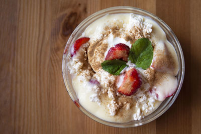 High angle view of breakfast served on table