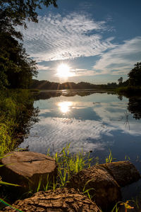 Scenic view of lake against sky at sunset