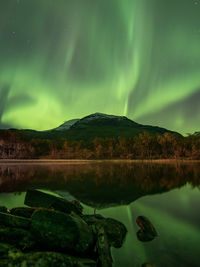 Scenic view of lake against sky at night