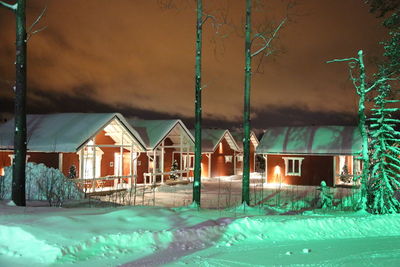 Snowy houses by bare trees against sky at night