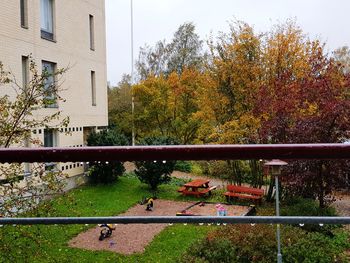 High angle view of plants by railing in city